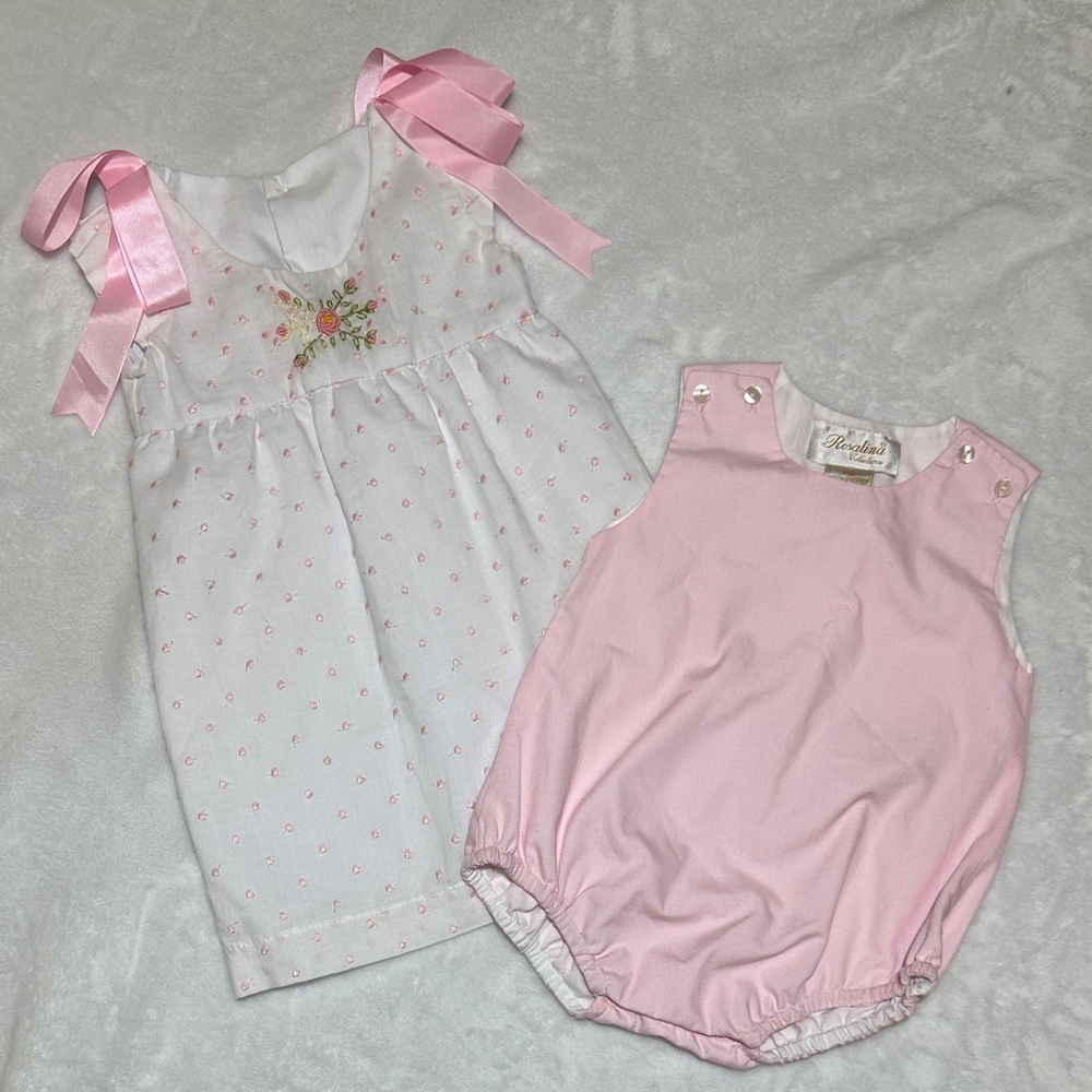 NWOT Rosalina pink bubble romper & white Swiss dot floral embroidered dress 3mo